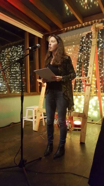 Dr Emma Bridges presenting at the Weaving Women event